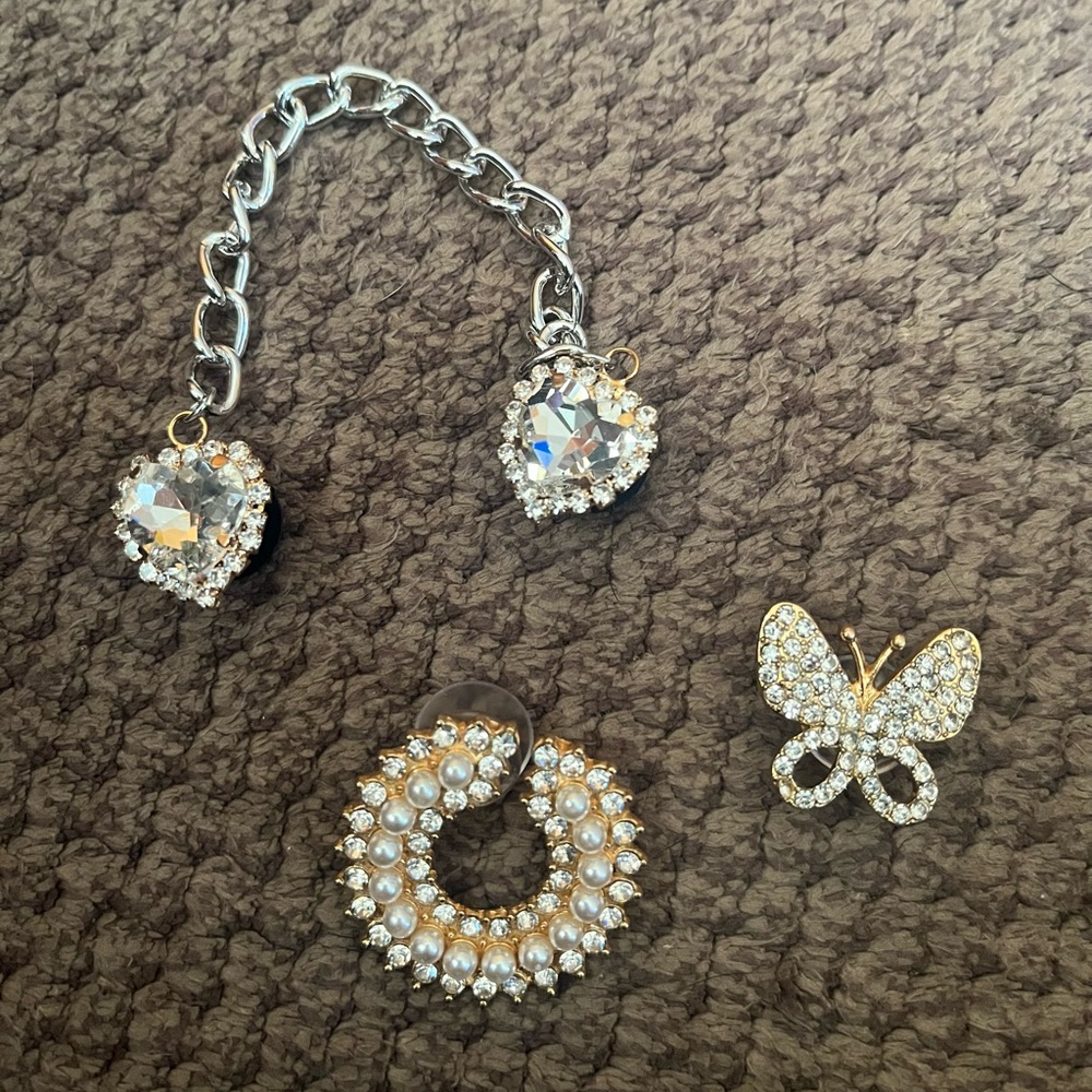 3PC Gold/Silver Rhinestone Croc Charm Set